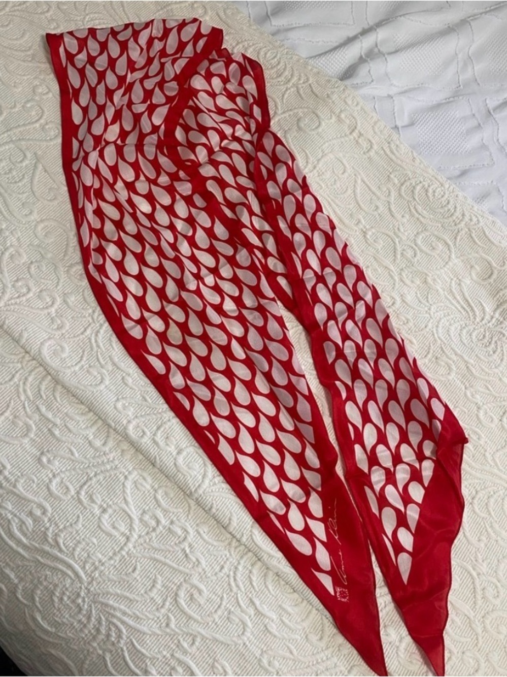 Anne Klein Red and White Silk Scarf with Teardrop Motif